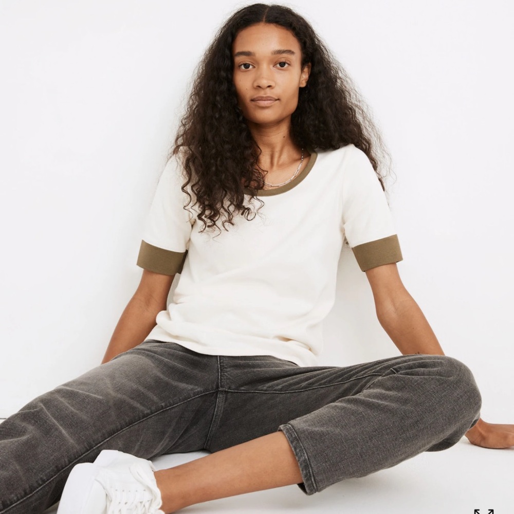 Madewell Cream Short Sleeve Ringer Tee with Olive Trim